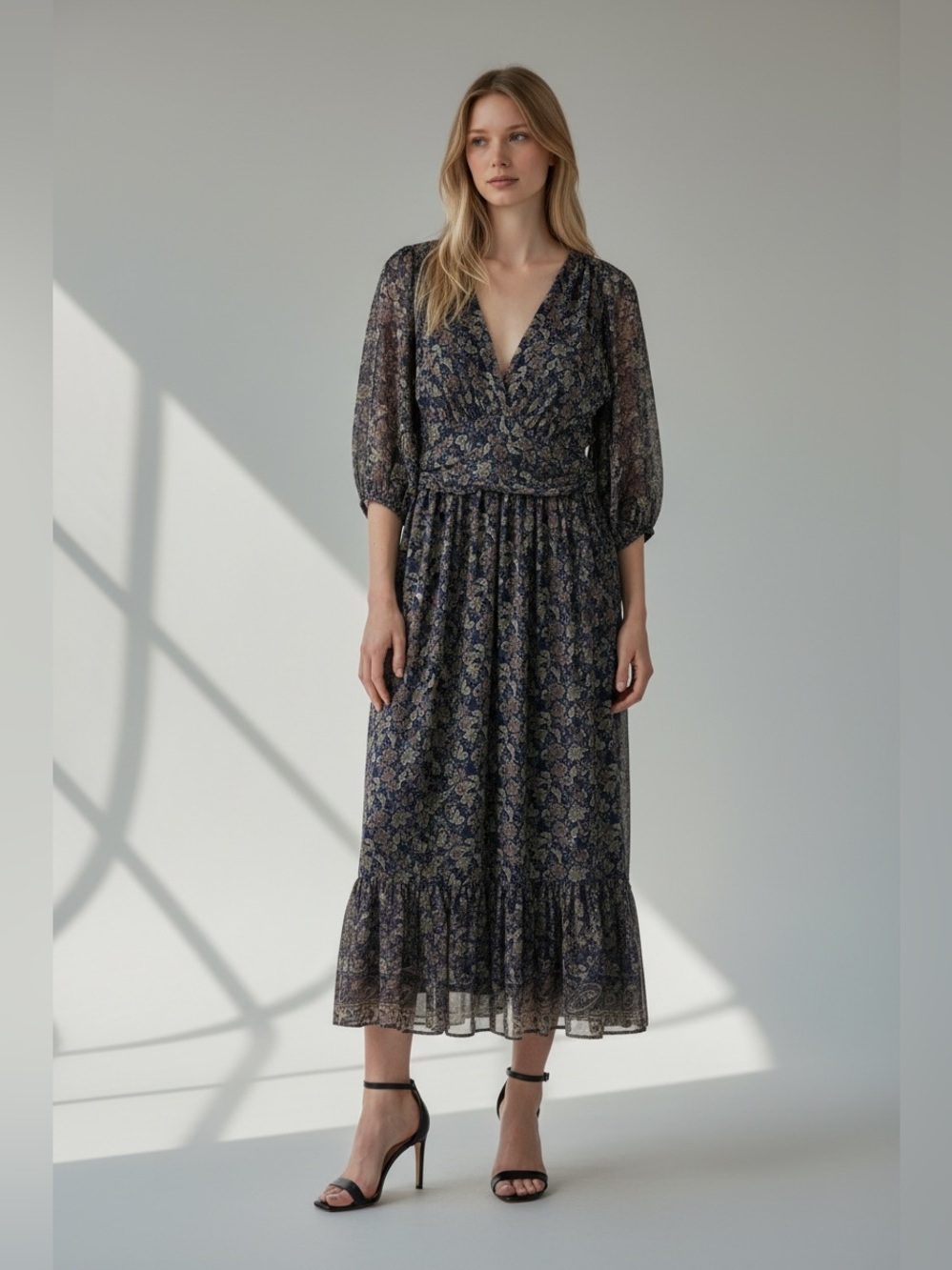 Max Studio Navy Floral Maxi Dress with V-Neck size M
